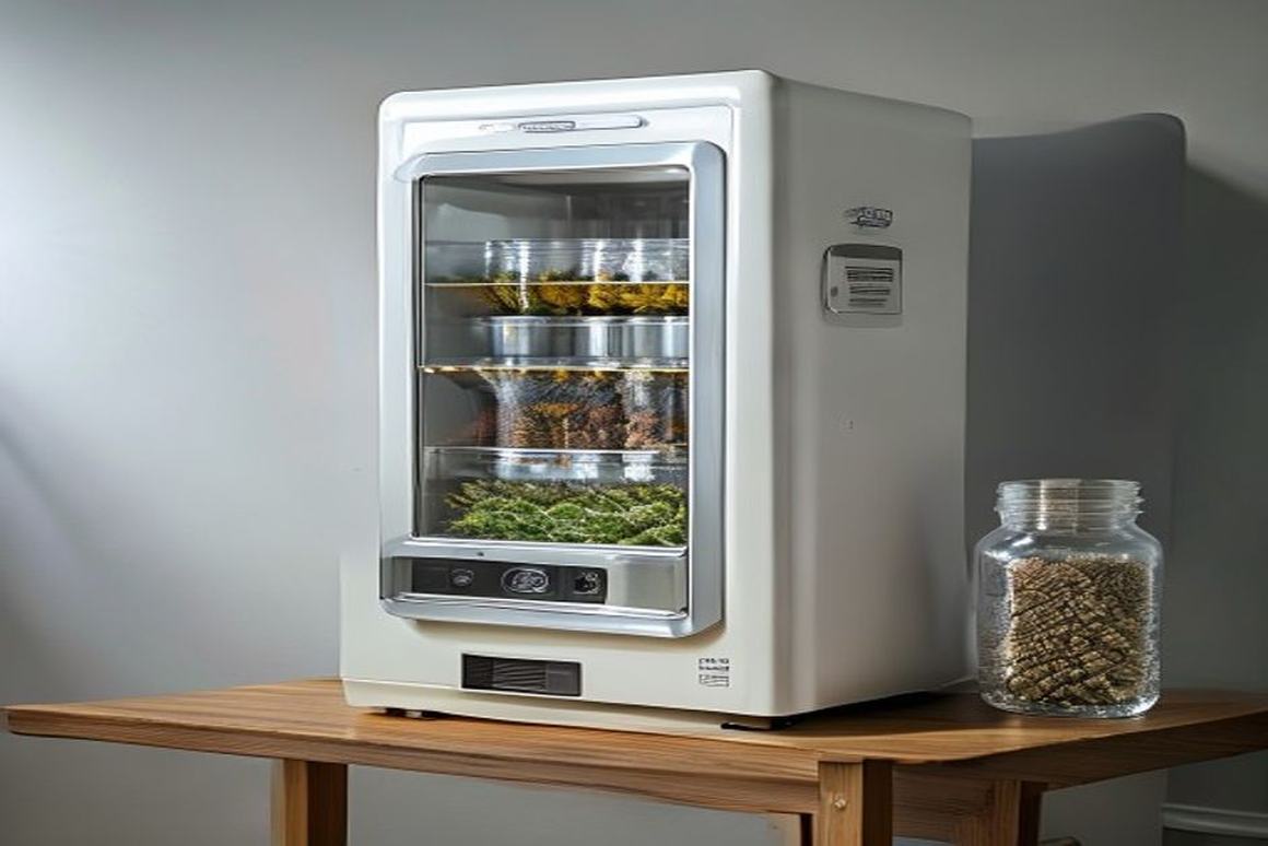 Home freeze dryer with trays of dried buds, cure jar beside it